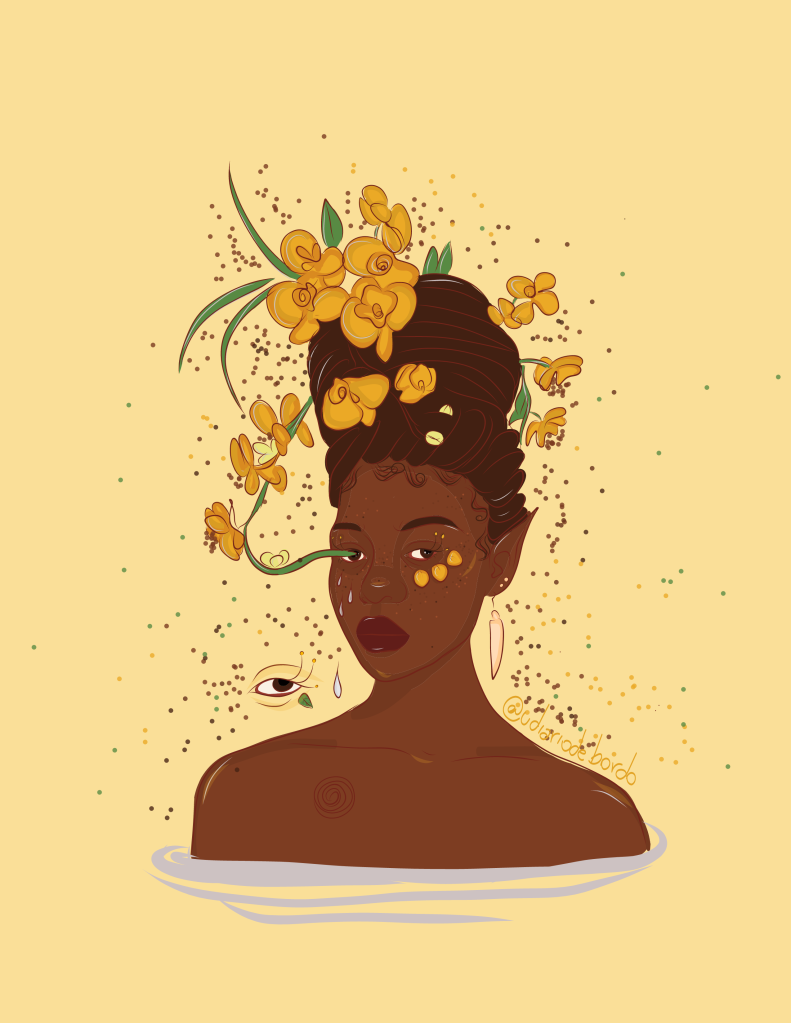Ilustração digital de um busto de uma mulher preta com feição séria. Sai uma orquídea do olho da mulher, e a flor se enrola por todo seu cabelo.